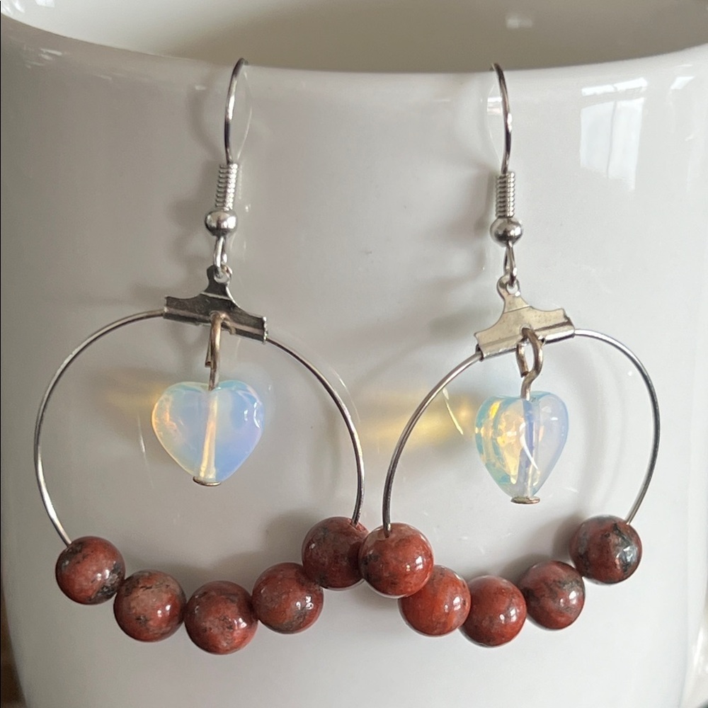 Silver and Red Brown Jasper Beaded Earrings